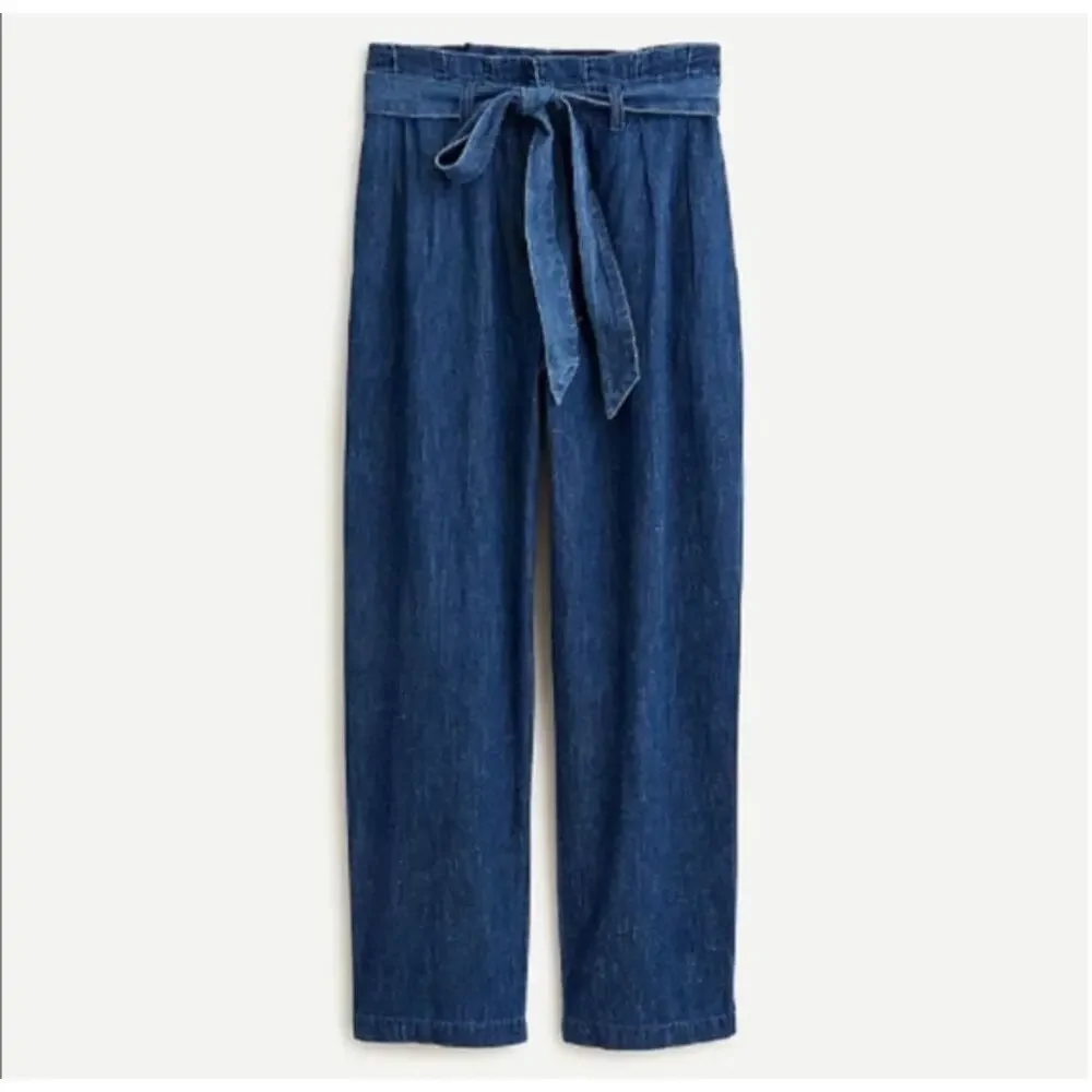 J Crew Chambray Paper Bag Jeans Tie Waist Relaxed Crop Wide Leg Cotton Hemp 0 - Picture 2 of 10